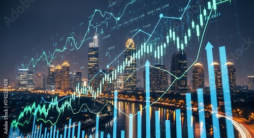 Night City Skyline with Stock Market Data and Financial Charts Overlaid