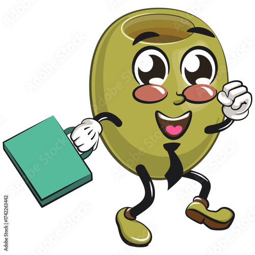 cute green olive mascot cartoon character isolated vector illustration wearing a tie and carrying a suitcase rushing to the office, work of hand drawn
