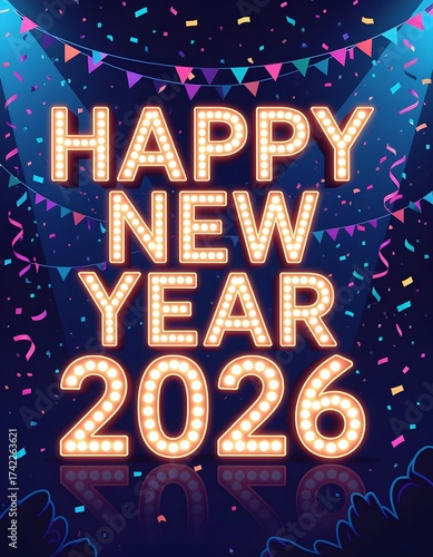 Marquee light style Happy New Year 2026 text with dark background and colorful confetti