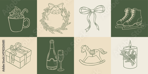 Hand draw vintage Christmas decoration set. Doodle gift box, champagne, wreaths, gift box, latte, candle, toy, ice skating vector illustration. New Year greeting card, invitation, social media