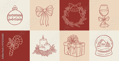 Set of hand draw Christmas decoration elements. Vintage bauble, candy cane, wreaths, gift box, bow, candle, snow globe, wine glass vector illustration