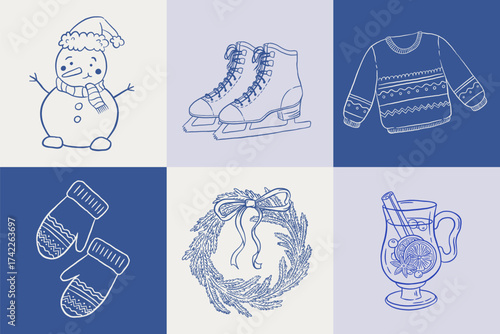 Hand draw vintage Christmas set with wreaths, snowman, mulled wine, mitten, ugly sweater, ice skating vector illustration. Doodle winter holiday clipart