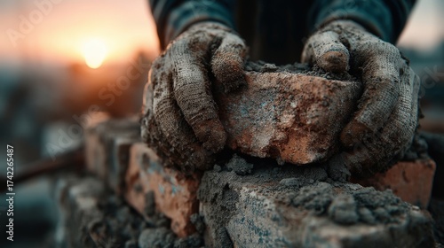 Wallpaper Mural Hands of Builder Laying Bricks at Construction Site During Sunset with Warm Lighting Effects Torontodigital.ca