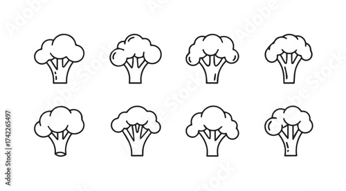 Set of eight hand drawn broccoli florets simple sketch line art isolated on white vector