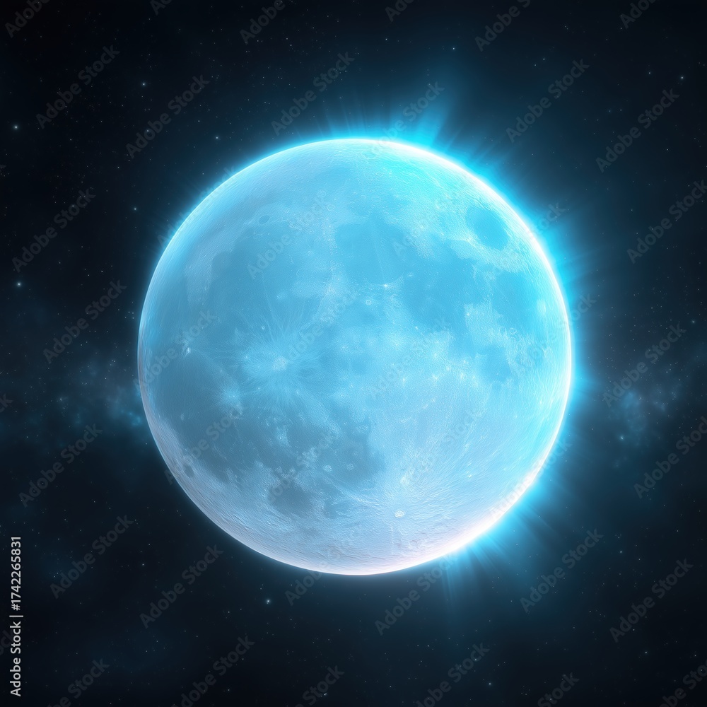 Fototapeta premium Glowing Blue Full Moon in Deep Space
