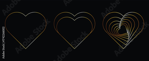Golden Hearts Evolution on Black Background | Love and Growth Concept for Valentine's Day, Anniversary Design, and Romantic Graphic Elements