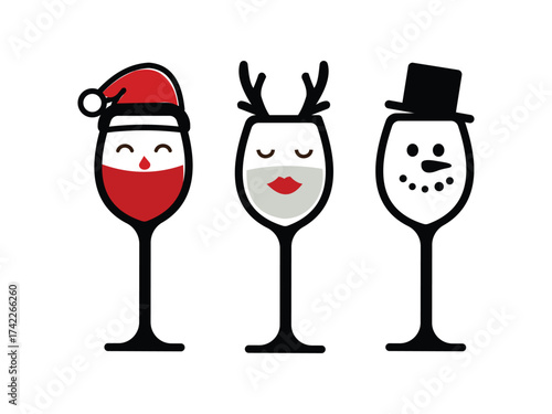 Festive Holiday Cheer Wine Glasses Featuring Santa, Reindeer and Snowman Designs in a Whimsical Vector Art