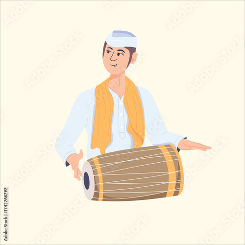 Traditional Indian Man Playing Dholak Drum Illustration