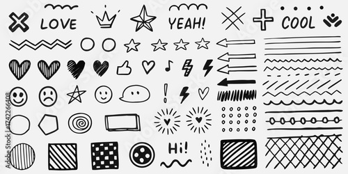 Collection of hand drawn doodle elements including hearts stars smiles and text phrases on white background