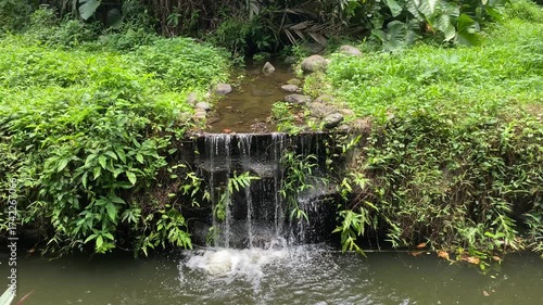 Waterfall from the small water conduit to the wider river under. Rainforest tropical garden surrounding