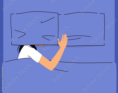 Cartoon vector illustration of a person sleeping in bed with head covered by pillow, symbolizing stress or nightmares. Drawing concept for sleep, psychology, insomnia, menopause and mental health