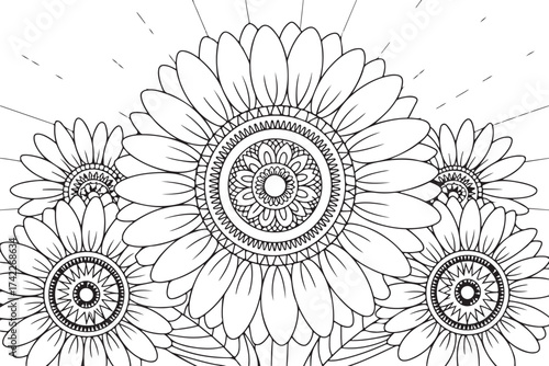 Layered Sunflower Bouquet Mandala – Intricate Botanical Coloring Page