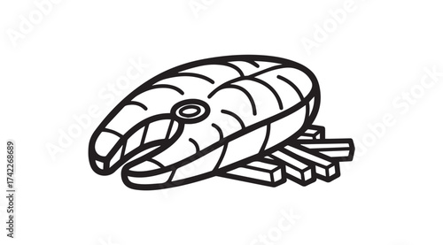 Hand-drawn black and white salmon steak with fries icon representing classic british fish and chips vector