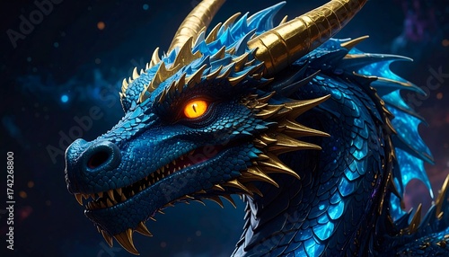 Blue and gold dragon head profile