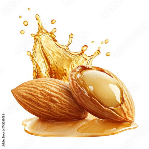 Almonds with splash of oil, nutritional source in a conceptual shot