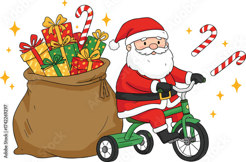 Cute Santa Claus riding green tricycle carrying big sack full of Christmas gifts and candy canes festive holiday illustration vector
