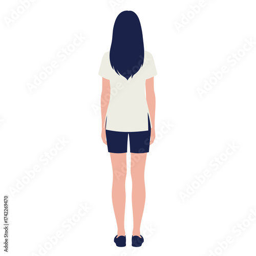 Back view of a woman with long dark hair wearing a white t-shirt and blue shorts.