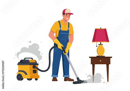 Illustration of a man vacuuming a floor with a yellow vacuum cleaner.