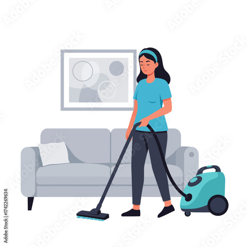Woman vacuuming the living room with a canister vacuum cleaner.