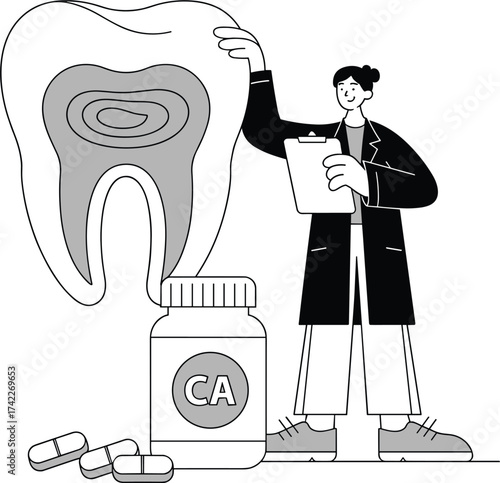 Dental health education concept, calcium supplement benefits, tooth anatomy diagram, medical professional explaining oral care, flat vector illustration