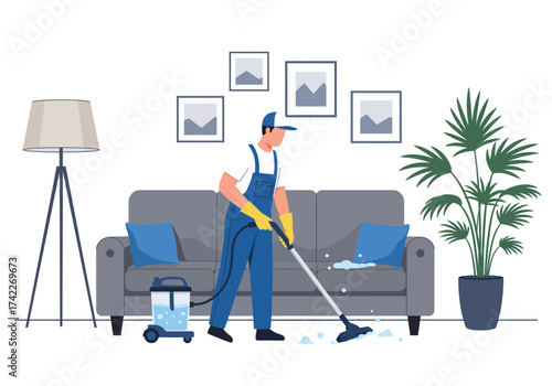 Man cleaning sofa with vacuum cleaner in living room, vector illustration.
