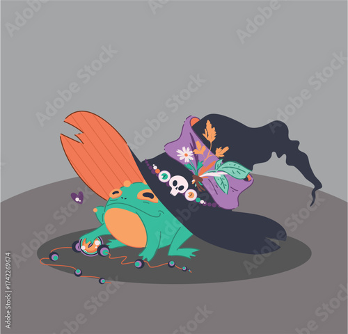 An Enchanting and Charming Witch Frog wearing a Spellbinding Hat in a Colorful Design