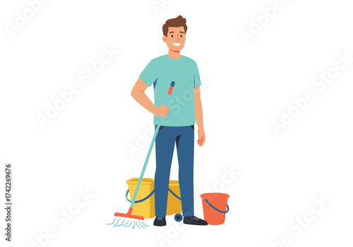 Man with mop and buckets ready to clean.