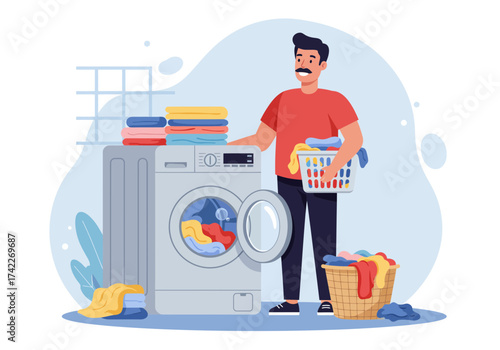 Man doing laundry with washing machine and basket of clothes illustration.