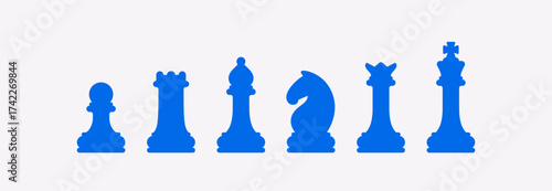 Set of chess pieces isolated. Vector illustration of classic chess figures king, queen, rook, bishop, knight, and pawn. Black and white game icons for strategy, competition, and board game design.