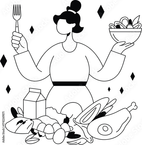 Healthy food choice concept, person holding salad bowl, surrounded by vegetables, meat, fish, milk, promoting balanced diet, flat vector illustration