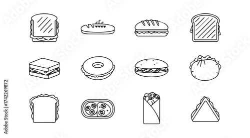 Hand drawn sketch sandwich icon set diverse fast food meal options artistic representation vector