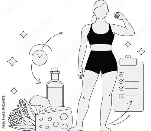 Healthy lifestyle concept, fitness motivation, time management, nutrition planning, wellness routine, strong body, clean eating habits, flat vector illustration