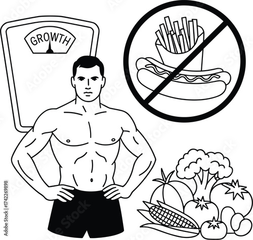 Healthy lifestyle concept, muscular man, fitness motivation, vegetable nutrition, growth scale, junk food ban, wellness promotion, flat vector illustration