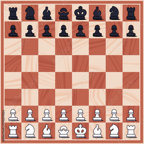 Chess pieces set for mobile application. Vector illustration of chess icons top view for chessboard display. Flat design symbols of king, queen, rook, bishop, knight, and pawn for digital interface.