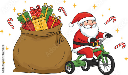 Cute Santa Claus riding tricycle carrying big gift bag full of colorful presents and candy canes for joyful Christmas celebration