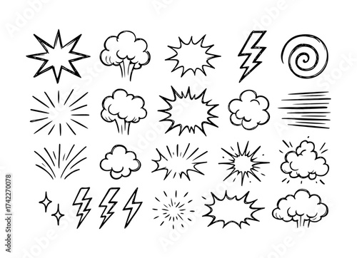 Vector collection of hand drawn comic style elements including explosions and lightning
