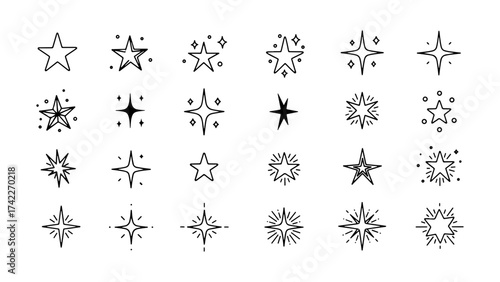 Vector collection of twenty four hand drawn star illustrations in black on transparent background