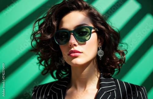 Wallpaper Mural Woman wearing sunglasses and stylish striped blazer against a vibrant green background Torontodigital.ca