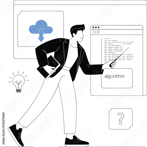 Cloud computing, algorithm development, coding interface, digital innovation, programming concept, tech education, problem solving, flat vector illustration