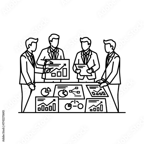 Business team discussing financial data analysis and charts.