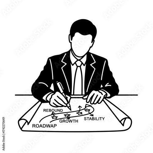 Businessman planning a roadmap for growth and stability with a pen on paper.