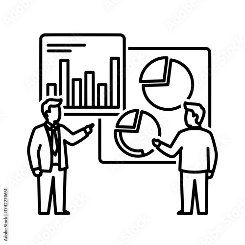 Business presentation with charts and graphs two men discussing data analysis.