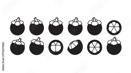 Collection of mangosteen fruit icons whole cut and slices fresh tropical food elements vector