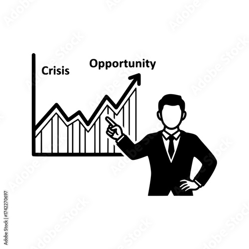 Business man presenting a graph showing crisis to opportunity.