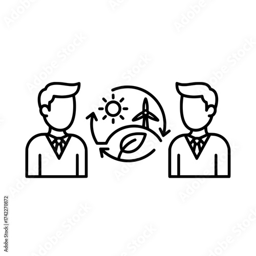 Two people discussing environmental sustainability and renewable energy sources.