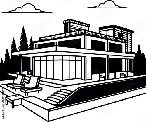 Modern luxury mansion architectural drawing with poolside