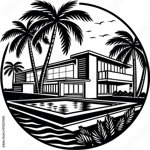 Luxury modern mansion with palm trees and pool
