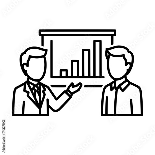 Business presentation with two people and a graph on a board.