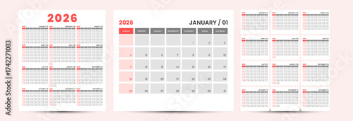 Minimalist 2026 calendar template design modern red gray layout business corporate office planner