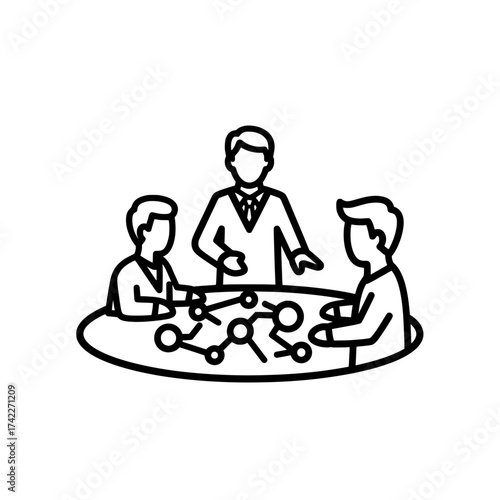 Business meeting with three people around a table discussing ideas.